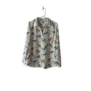 JM Collection Bird-Print Button Up Shirt Long Sleeve Kingfishers Bluebirds 12P